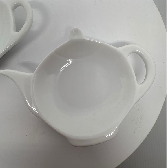 Set of 2 White Ceramic Teapot Shaped Tea Bag Holders Dish Trays Tea Party - Picture 2 of 8